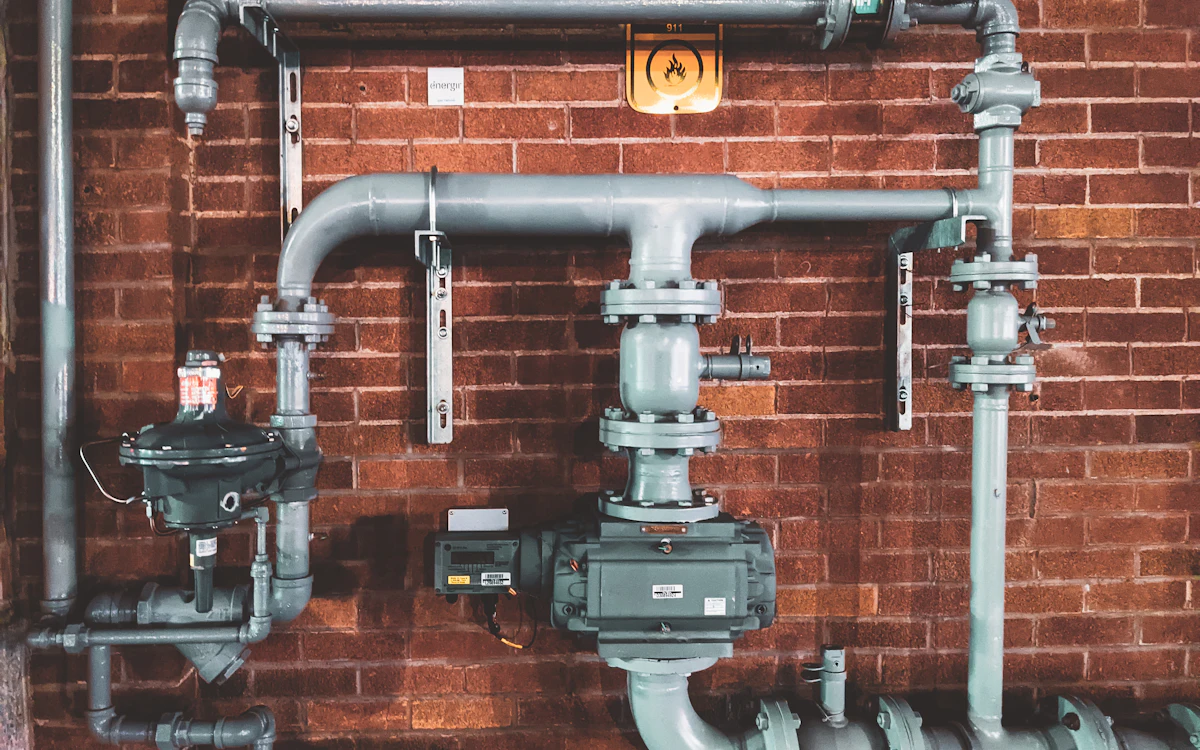 Commercial plumbing pipes and service equipment in a utility room